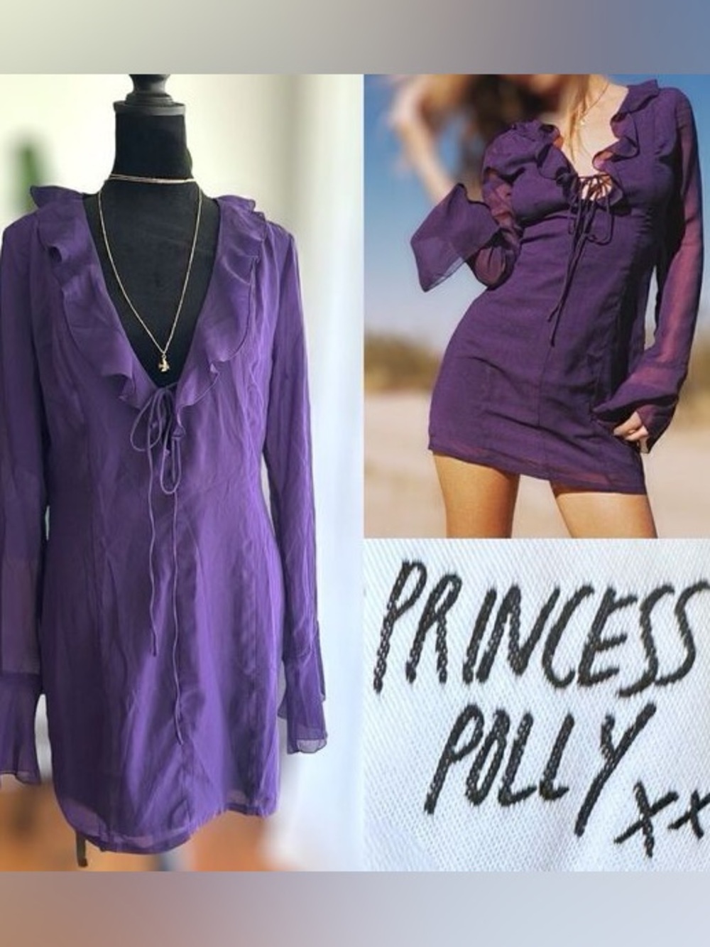 Princess Polly Theo Mini Dress Size 12 Purple Long Sleeve